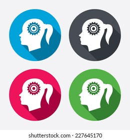 Head with gear sign icon. Female woman human head think symbol. Circle buttons with long shadow. 4 icons set. Vector