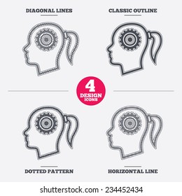 Head with gear sign icon. Female woman human head think symbol. Diagonal and horizontal lines, classic outline, dotted texture. Pattern design icons.  Vector