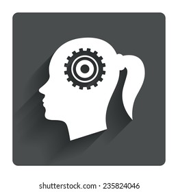 Head with gear sign icon. Female woman human head think symbol. Gray flat square button with shadow. Modern UI website navigation. Vector