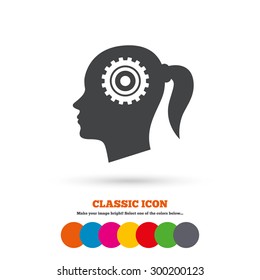 Head with gear sign icon. Female woman human head think symbol. Classic flat icon. Colored circles. Vector