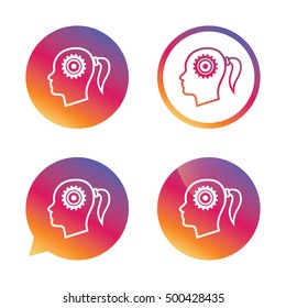 Head with gear sign icon. Female woman human head think symbol. Gradient buttons with flat icon. Speech bubble sign. Vector