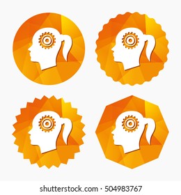 Head with gear sign icon. Female woman head.