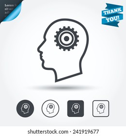 Head with gear sign icon. Male human head symbol. Circle and square buttons. Flat design set. Thank you ribbon. Vector