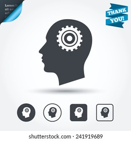 Head with gear sign icon. Male human head symbol. Circle and square buttons. Flat design set. Thank you ribbon. Vector