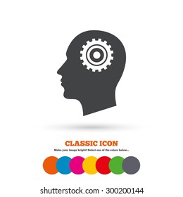 Head with gear sign icon. Male human head symbol. Classic flat icon. Colored circles. Vector