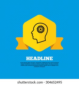 Head with gear sign icon. Male human head symbol. Yellow label tag. Circles seamless pattern on back. Vector