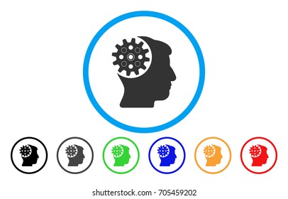 Head Gear vector rounded icon. Image style is a flat gray icon symbol inside a blue circle. Bonus color versions are grey, black, blue, green, red, orange.