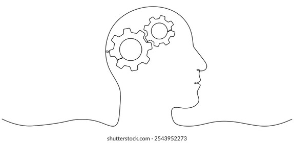 Head with gear wheel inside. Cogwheel continuous one line drawing. Robot symbol. Moving linear cog gear. Vector illustration isolated on white.