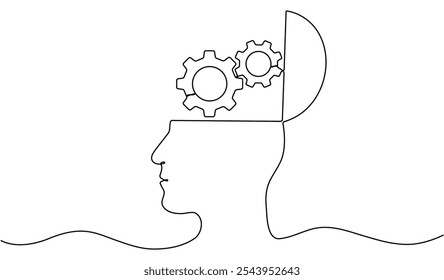 Head with gear wheel inside. Cogwheel continuous one line drawing. Robot symbol. Moving linear cog gear. Vector illustration isolated on white.