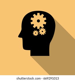 Head with gears, Brain activity icon with long shadow. Creative logo design. Modern vector pictogram concept for web design