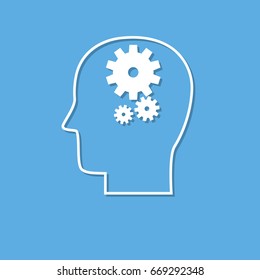 Head with gears, Brain activity icon, cut from white paper. Creative logo design. Modern vector pictogram concept