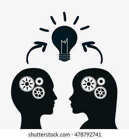 head gears bulb teamwork support collaborative cooperation work icon set. Black and white design. Vector illustration