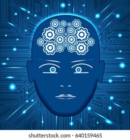 Head, gears in form of brain,circuit board background with glowing lines with dots, concept of thinking, visualization of human thinking.  