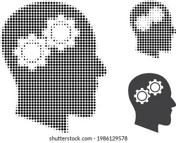 Head gears halftone dotted icon. Halftone pattern contains round points. Vector illustration of head gears icon on a white background.