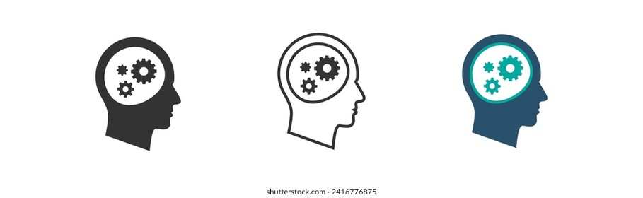 Head with gears icon. Idea, symbols of thinking, brainstorming, thinking brain, artificial intelligence, technology. High quality vector illustration.