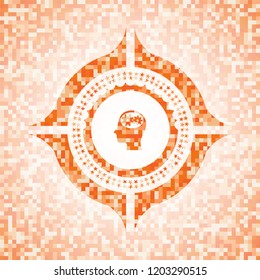head with gears inside icon inside abstract emblem, orange mosaic background