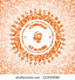 head with gears inside icon inside abstract emblem, orange mosaic background