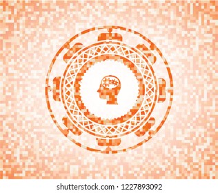 head with gears inside icon inside abstract orange mosaic emblem with background