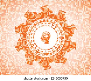 head with gears inside icon inside abstract orange mosaic emblem with background