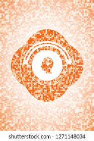 head with gears inside icon inside abstract emblem, orange mosaic background