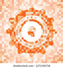head with gears inside icon inside abstract orange mosaic emblem with background