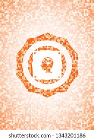 head with gears inside icon inside abstract orange mosaic emblem
