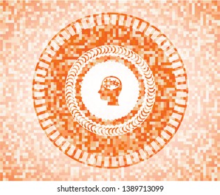 head with gears inside icon inside abstract emblem, orange mosaic background