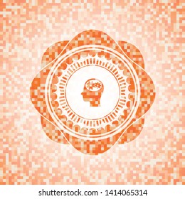 head with gears inside icon inside abstract orange mosaic emblem with background