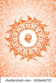 head with gears inside icon inside abstract orange mosaic emblem with background