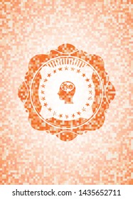 head with gears inside icon inside abstract orange mosaic emblem with background