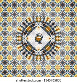 head with gears inside icon inside arabesque badge background. arabic decoration.