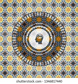 head with gears inside icon inside arabesque style badge. arabic decoration.