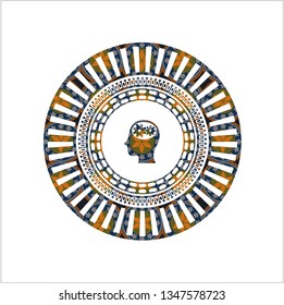 head with gears inside icon inside arabesque badge. arabic decoration.
