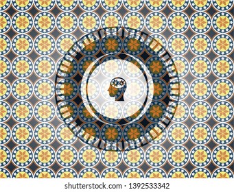 head with gears inside icon inside arabesque badge. arabic decoration.