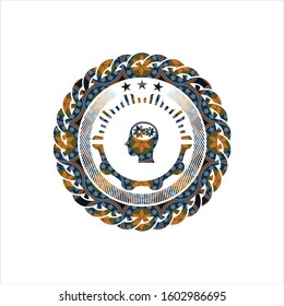 head with gears inside icon inside arabesque emblem. arabic decoration.