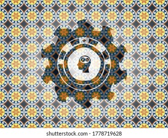 head with gears inside icon inside arabesque style emblem. arabic decoration. 