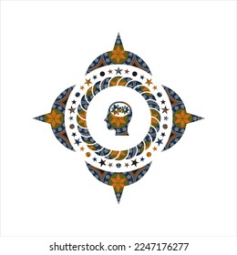 head with gears inside icon inside arabesque badge. arabic decoration. 