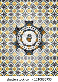 head with gears inside icon inside arabic emblem. Arabesque decoration.