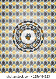 head with gears inside icon inside arabic style emblem. Arabesque decoration.