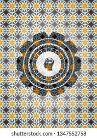 head with gears inside icon inside arabic badge. Arabesque decoration.