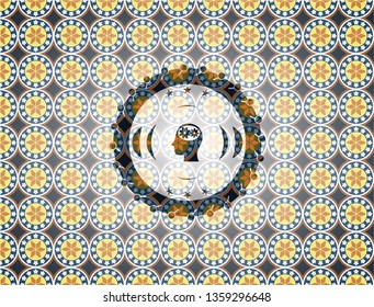 head with gears inside icon inside arabic style badge. Arabesque decoration.