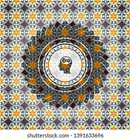 head with gears inside icon inside arabic style badge. Arabesque decoration.