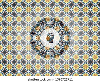 head with gears inside icon inside arabic style badge. Arabesque decoration.