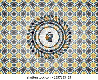 head with gears inside icon inside arabic emblem. Arabesque decoration.