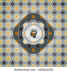 head with gears inside icon inside arabic emblem. Arabesque decoration.