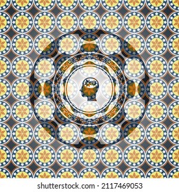 Kopf mit Zahnrädern innerhalb der Ikone auf arabischem Emblem Hintergrund. Arabeske Einrichtung. 