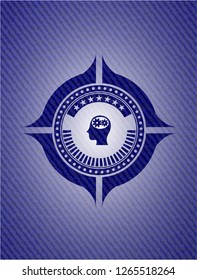 head with gears inside icon inside badge with jean texture