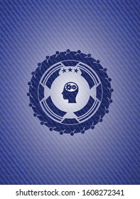 head with gears inside icon inside badge with jean texture