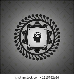head with gears inside icon inside black emblem. Vintage.