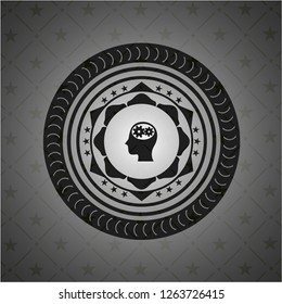 head with gears inside icon inside black emblem. Vintage.
